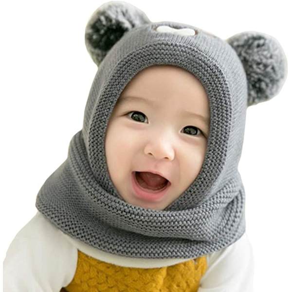 Baby slouchy-hattu Lämmin Söpö Karhu Talvihattu Huivi Hattu Neulottu Hattu Bobble Fleece Vuoratulla Pipo Hattu Grey