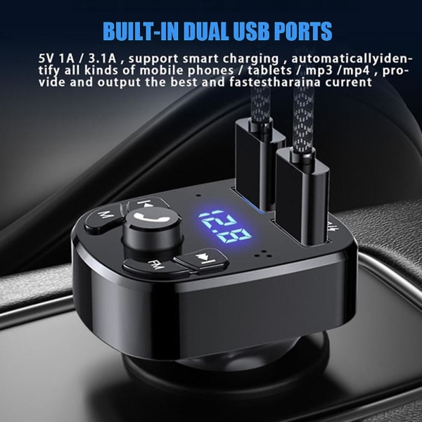 Håndfri bil Bluetooth-kompatibel 5.0 Fm sender bilsæt Mp3 modulator afspiller Håndfri lydmodtager 2 usb hurtigoplader