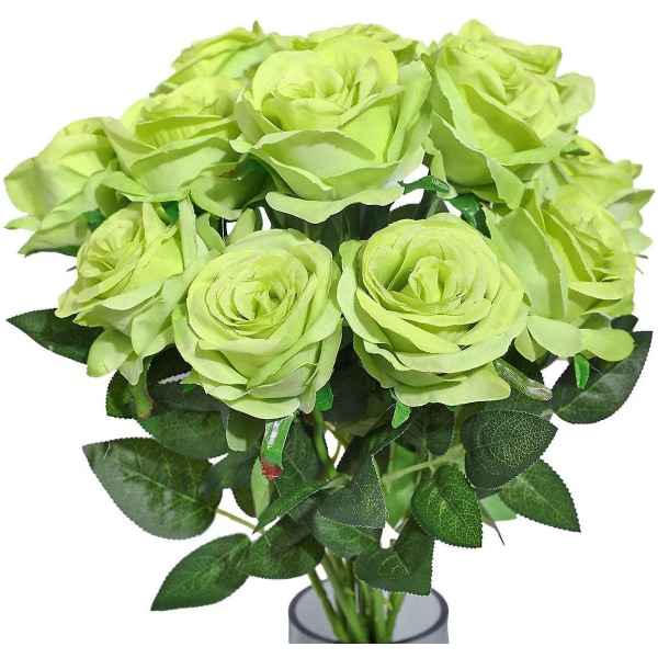 Kunstige silke rosenblomster Enkelt stilk realistisk falsk rose til bryllup buket blomst, 10 stk (blå) grøn green