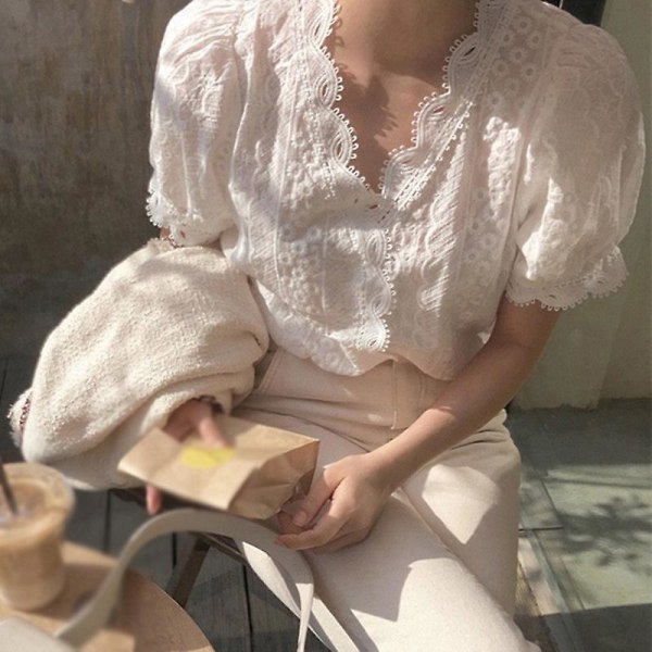 Kontor Dame Blonde Border Shirt Mode Kvinder Hollow Out Hvid Bluse Enkel Casual V-hals Kortærmede Bluser Og Toppe White XL