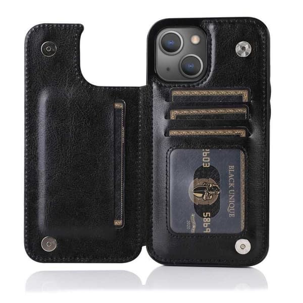 【BQ】iPhone 15 Stødsikkert Cover Kortetui 3-RUM Flip Sort