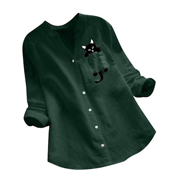 Damskjorta Printed ficka bomull Linne blus V-hals Casual långärmad skjorta Button Down Top Kläder Green M