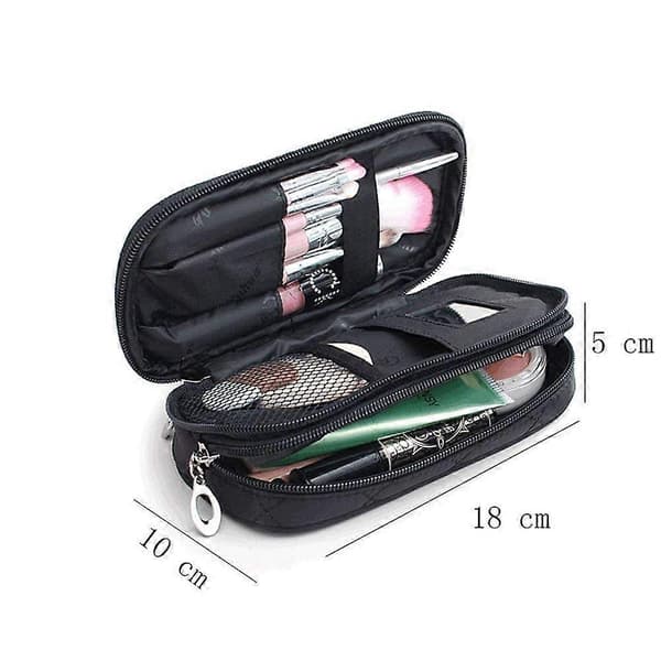 Makeup-taske med spejl, 2-lags kosmetik-organizer, sort