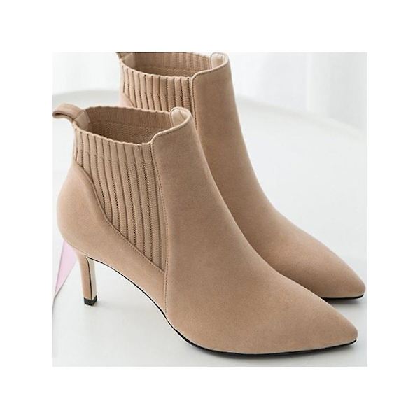 Damstövlar Ankelkorta stövlar Flock spetsad tå 7 cm tunna klackar Vinterstövlar Dam Ull Elastisk Slip On Kvinnor Högklackade stövlar 40 aprikos 40 apricot