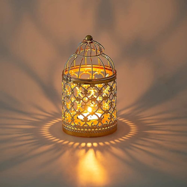 2 stk Lille metal fyrfadslys hængende fuglebur lanterne, vintage dekorative centerpieces, guld White