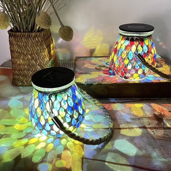 Mosaik solcellelanterne udendørs hængelampe, solcellebordlampe (blå)