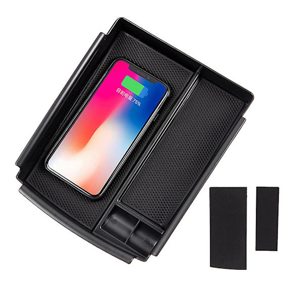 Trådlös billaddare Center Console Armstöd Förvaringsbox Hållare Container Förvaringsbricka Black