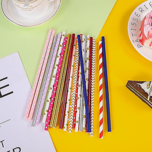 Biohajoavat paperipillit, 100 pilliä juhlatarvikkeille, syntymäpäiville, hääjuhliin Melange Stripes