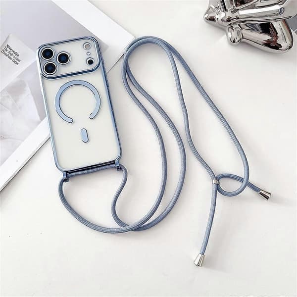 【BQ】Compatible with iPhone 17 Pro Max Case Compatible with MagSafe Electroplating TPU Phone Case with Long Lanyard Blue