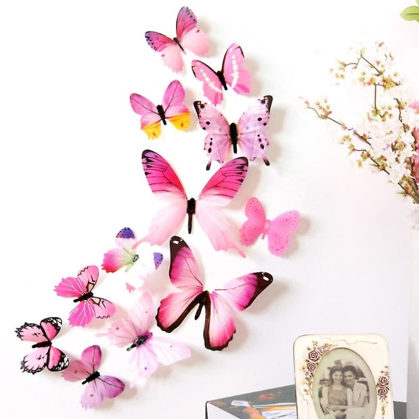 12 stk/sett 3d sommerfugl veggklistremerke Veggdekal Hjem Tapet Kunst Dekorativ Pink