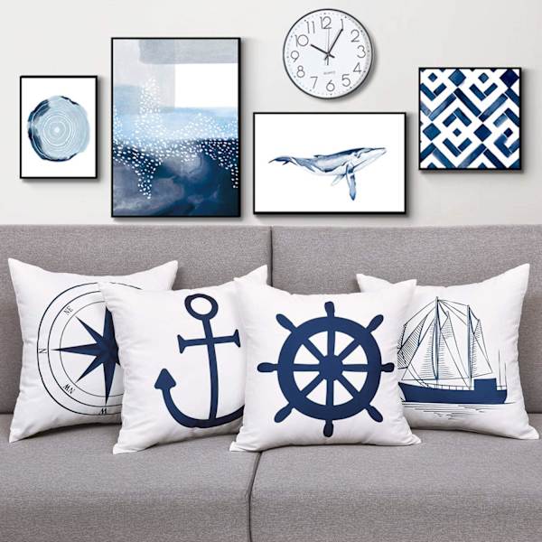 Set med 4 Nautiska kuddfodral 45x45cm Nautical Style Vit och Blå