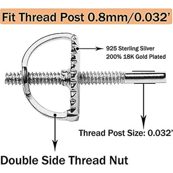 4 par skrue øredobber, 18k gullbelagt sterling sølv skrue øredobber tilbake erstatning diamant øredobber, hypoallergen sikkerhetsskrue Platinum 2 pairs