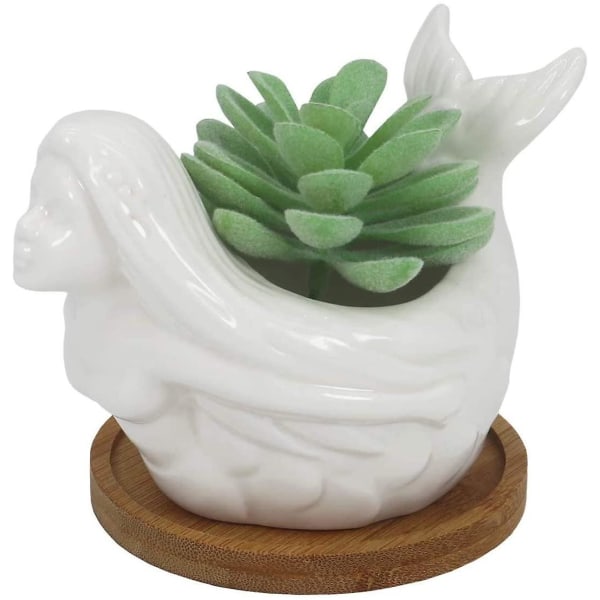 Sjöjungfru Suckulent Planter Pot Bambu Dränering Vit Keramisk Cactus Container