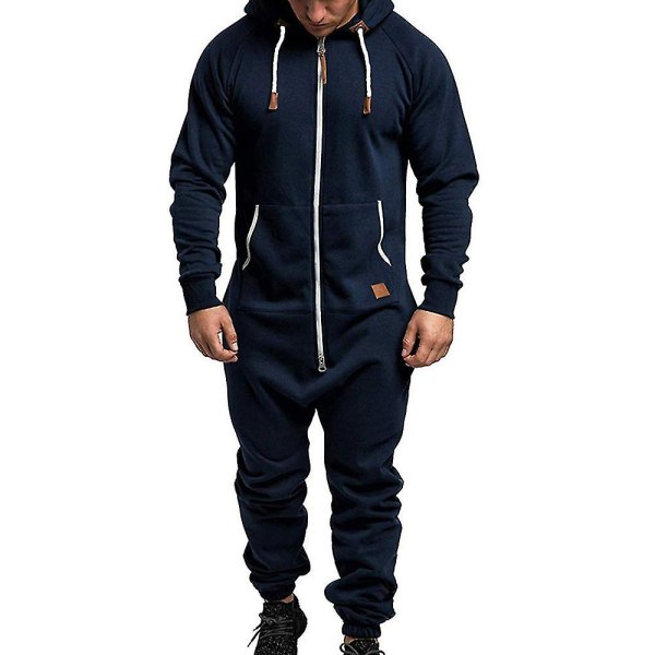 Men Onesie Hoodie Zip Jumpsuit Winter Casual Hooded Romper Playsuit Navy Blue L