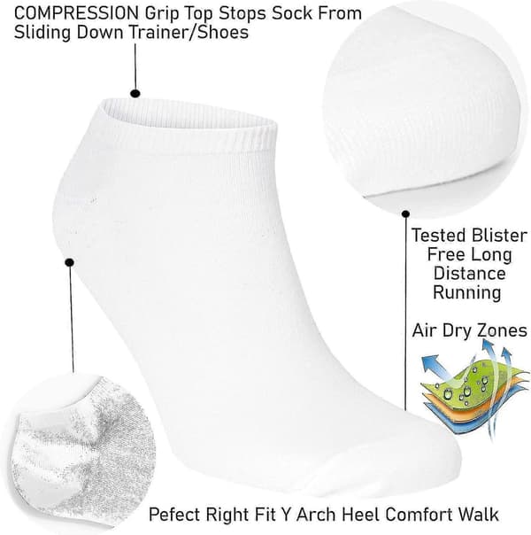 Dame løbesport åndbare bløde bomuldsforede sokker 3, 6 og 12 par Pair Pack White 4  6