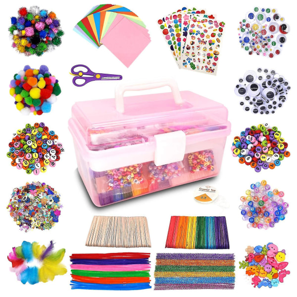 1000+ stk Kids Craft Box Kit Småbørns kunst og håndværk til børn inkluderer Pom Poms Piberensere Fjer foldeboks