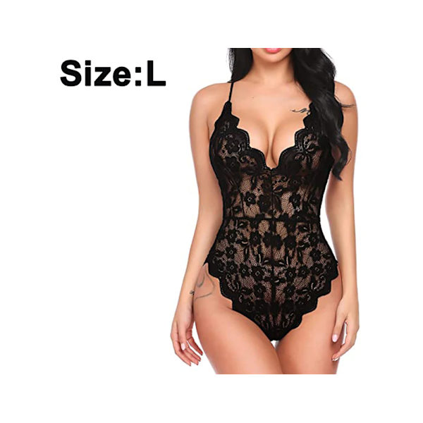 Naisten mekko Deep V Sexy Lace Bodysuit Sexy Alusvaatteet U Sling Print Sexy Alusvaatteet-Musta-L