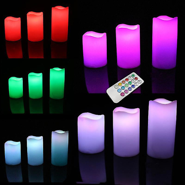 3-pack LED flimrande ljus Fjärrkontroll 12 färger Flameless Wave Edge Lamp