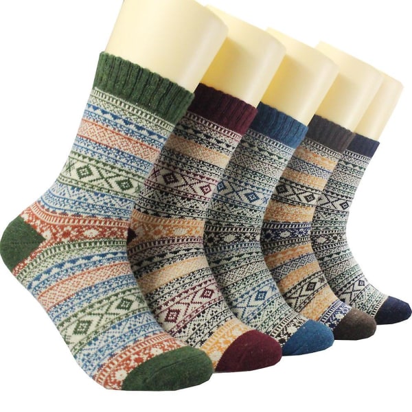 5 par efterår vinter nordiske sokker tyk strikket to-vejs farverige mønster crew sokker mænd kvinder