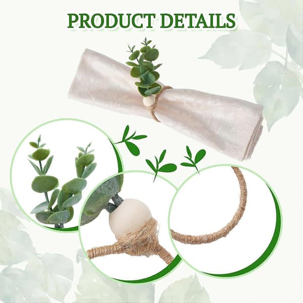 6/12-pack handvävda servettringar med eukalyptusblad, vårliknande träpärlor, bondgårdsliknande servettringar, bröllop 12 pieces