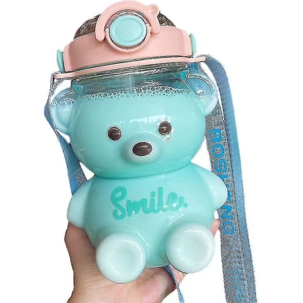 Bear vesipullo oljella, Kawaii vuotamaton vesikannu säädettävällä olkahihnalla retkeilymatkoille Blue 1000ml