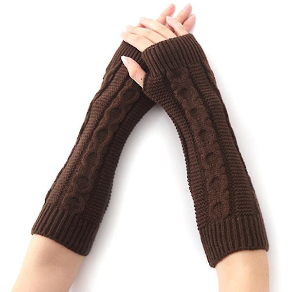 Långa stickade handskar för kvinnor Fingerlösa vantar Armvärmare Tjock Thermal Brown