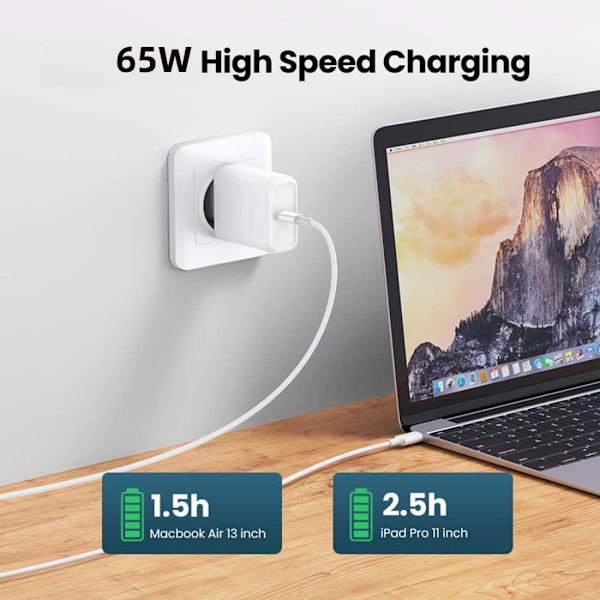 USB C Typ C hane till hane USB 2.0 PD version 65W för bärbar dator och telefon Vit 2m