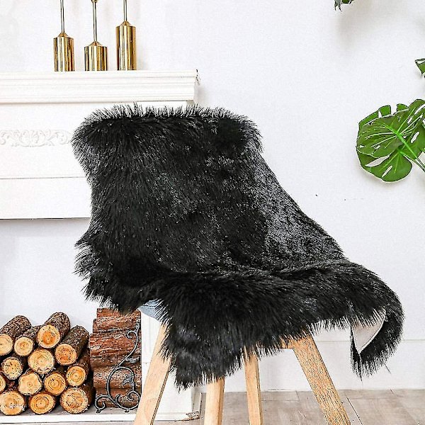 Lyxigt mjukt imiterat fårskinnsstolsöverdrag Sittdyna Dyna Plyschpälsmattor Kompatibel med sovrum, 2 fot X 3 fot, vit Black 2 * 3 ft