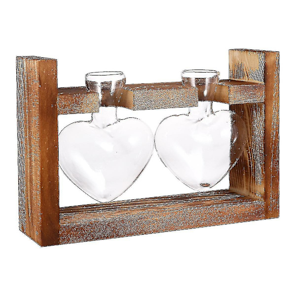 2pcs Heart Shape Glass Vases Hydroponics Planter Green Plant Container Flower Arrangement With Woode