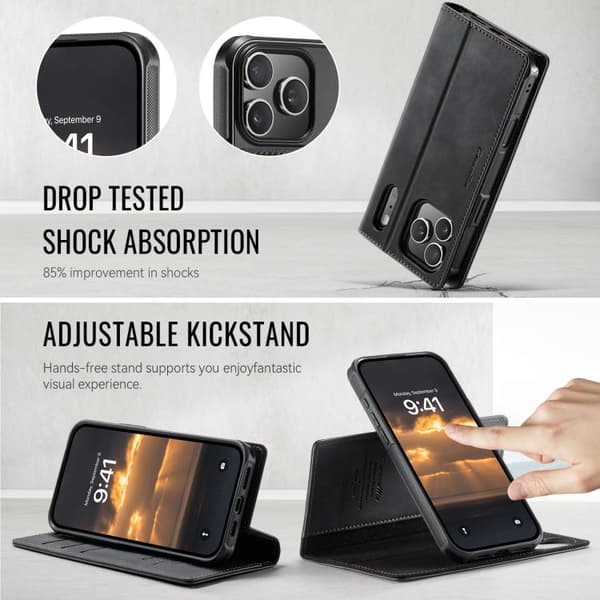 【BQ】iPhone 17 Pro Case leather case with MagSafe and RFID blocking, detachable wallet Svart