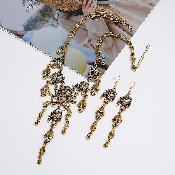 Halloween set - europeisk och amerikansk punk hip-hop stil, vintage legering pirat skalle och tofs halsband Gold Earrings