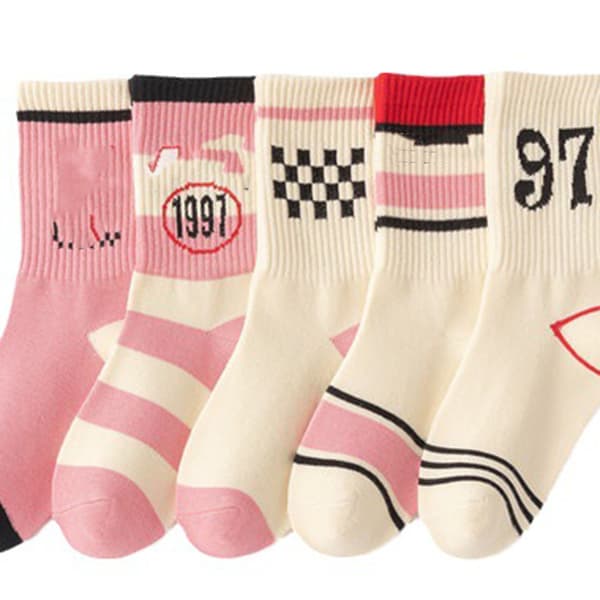 Barnstrumpor Unisex Mid Calf Bomullsstrumpor för Vinter Höst Rosa Vit M (4‑8 År)