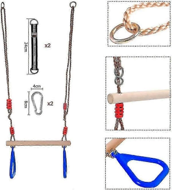 Trapets för gunga, Trätrapets med ringar, Trapets utomhus barngunga, Trätrapets, Utomhus barngunga i trä - L