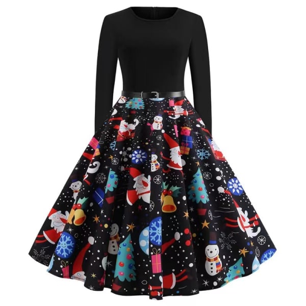 ny stil Christmas new temperament casual long-sleeved slim round neck printed large skirt dress