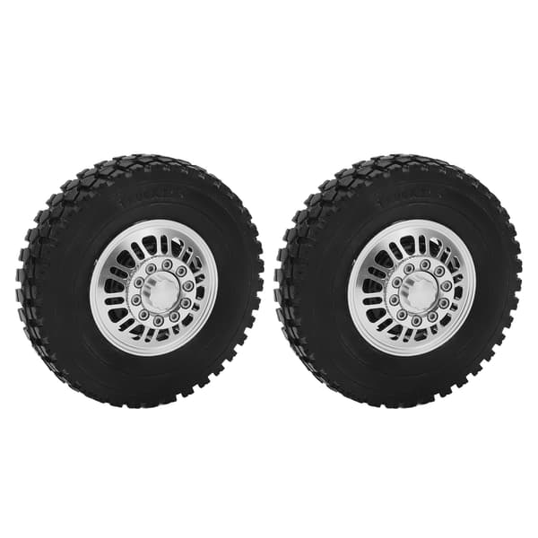 2 stk. RC Bil Dæk Forhjulslejer Sølv Aluminium Legering Hjul Sorte Gummidæk til Tamiya 14 Skala Tippelastbil