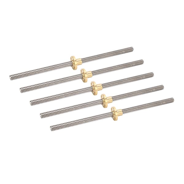 5 stk. T8 ledeskrue 2 mm stigning 8 mm ledning 200 mm lineær bevegelse gjenget stang med messingmutter for 3D-printer