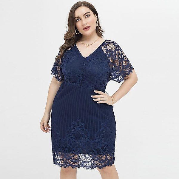 Xl-4xl Dam V-ringad Kortärmad Festklänning Plus Size Klänning Marinblå 2753 XL