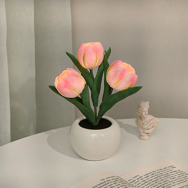 Led Tulip Nattljus Simulering Blomma Bordslampa Heminredning Atmosfärslampa Romantisk krukpresent till kontor/rum/bar/café Battery 3 Head Pink Tulip
