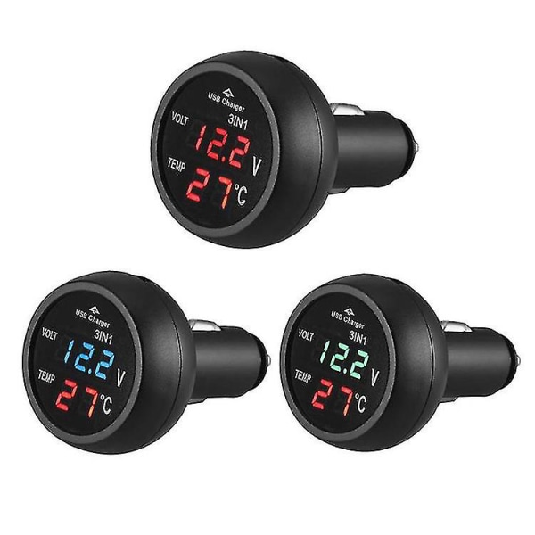 3 i 1 Led Usb Biloplader Voltmeter Termometer Bil Batteri Monitor LCD Digital Dual Display 12v/24v Digital Meter Monitor