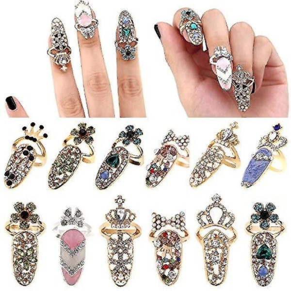 12 st Nagelringar Dam Nail Art Dekorativ Bow Ring Charm Blomma Kristall Nagelringar