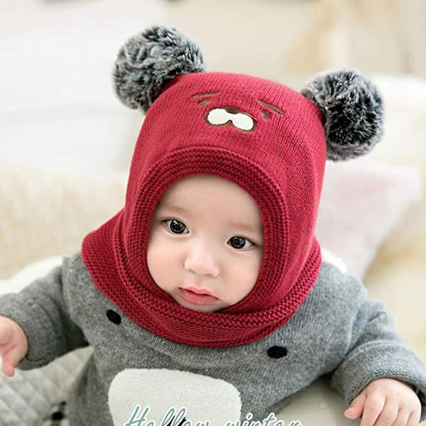 Baby slouchy-hattu Lämmin Söpö Karhu Talvihattu Huivi Hattu Neulottu Hattu Bobble Fleece Vuoratulla Pipo Hattu Wine red