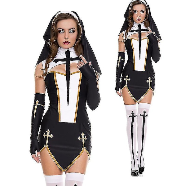 Den nya Sexig nunna seniordräkt karneval Halloween kyrka religiösa kloster Cosplay fin festklänning BLACK BLACK XXXL