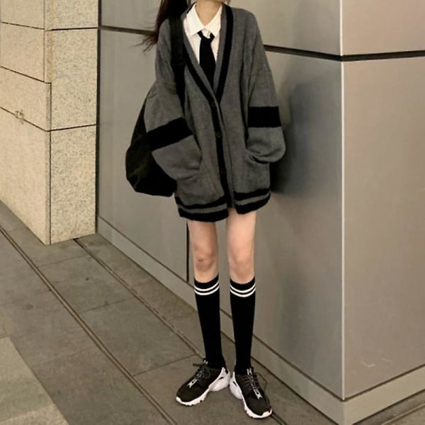 Deeptown grå randig stickad tröja kofta dam koreansk stil Harajuku oversize jumper Preppy mode dam toppar vinter
