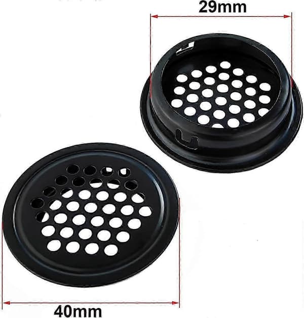 10 stk. ventilationsriste i rustfrit stål, rundt net, sort, 29 mm diameter