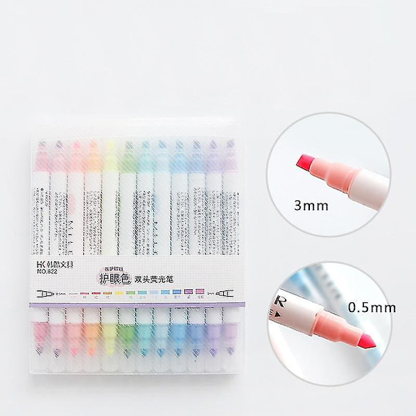 12 Light Color Highlight Penna Dubbelsidig Highlighter Pen Ritverktyg