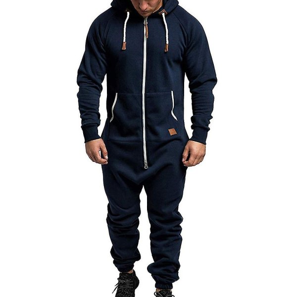 Men Onesie Hoodie Zip Jumpsuit Winter Casual Hooded Romper Playsuit Navy Blue 2XL