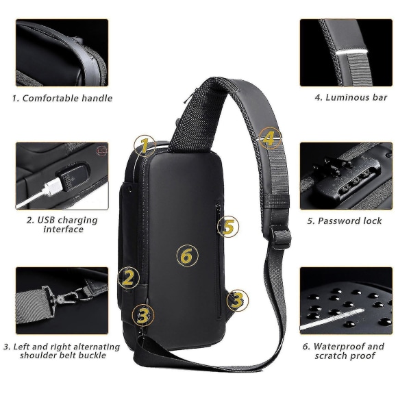 USB Charging Sport Sling Bag Hane Anti-Theft Bröstväska Med Lösenordslås Black Brown
