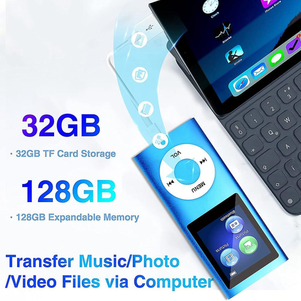 Mp3-afspiller med Bluetooth 5.0, musikafspiller med 32gb Tf-kort, fm, hörlurar, bærebar hifi-musikuppspilning Blue
