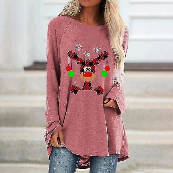 Hhcx-christmas Xmas Reindeer Print Women T-shirt Blouse Longline Top Pink 4XL