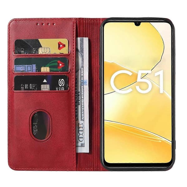【BQ】Magnetic Closure Leather Phone Case Red Red For Realme C51